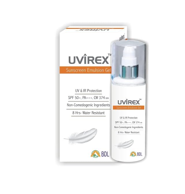 New Uvirex Sunscreen Emulsion Gel, SPF 50+ PA+++, 50g, UV & IR Protection, Non-Comedogenic, 8 Hrs Water Resistant, 50 Gram