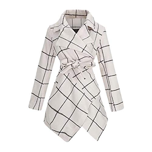 Women's Turn Down Collar Grid Coat Belted Wool Blend Coat Asymmetric Hem Wrap Coat