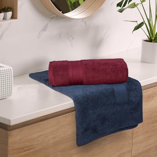 Image of MYTRIDENT Soft Comfort Air Rich 100% Cotton Towels for Bath, 500 GSM Large Size Bathroom Towels for Men /Women, 2PC Bath (69 cm x 137 cm), Wine red and Navy