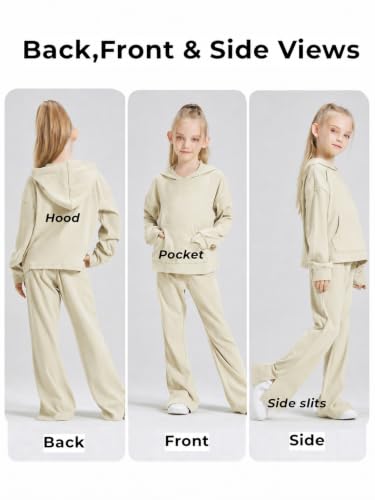 Image of Girls 2 Piece Hoodie Bell Bottom Sweatsuit Fall Outfit Set | Long Sleeve,front pocket,side-slit flare,machine washable,soft rayon-blend,skin-friendly,stretchy,durable