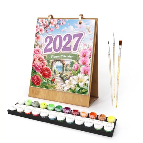 Calendrier de bureau 2027 motif floral avec kit peinture par numéros et 12 fleurs à l'huile