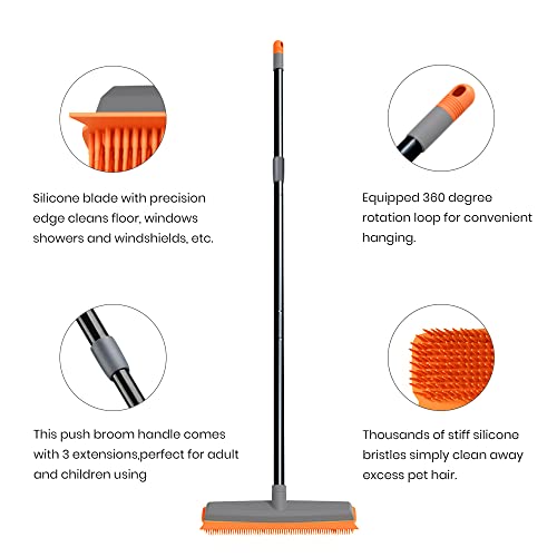 Rubber Broom Carpet Rake Pet Hair Remover Broom With Squeegee Extension Push Broom For Carpet Hardwood Floor Tile Windows Cleaning #TOP2