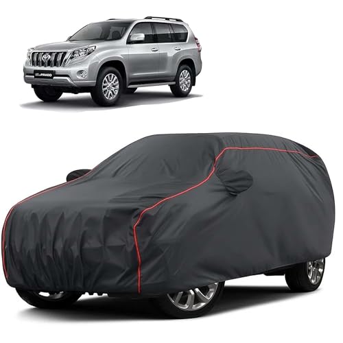 Image of Sulfar 100% Water Resistant Car Body Cover Compatible with Mirror for Toyota Prado (Triple Stitched, Full Bottom Elastic, Dark Grey Taffeta with Red Piping)