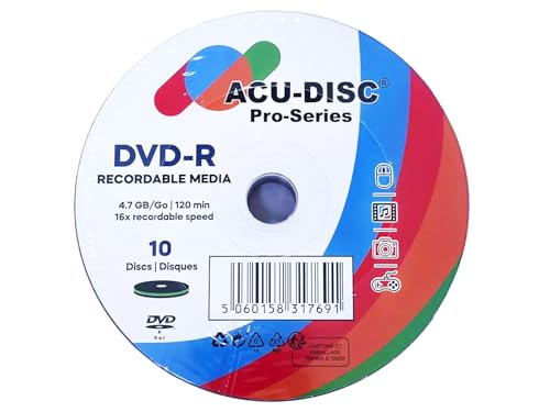 ACU-DISC Pro-Series DVD-R 4.7GB 16x Speed 120 Minutes Blank Discs AZO Dye UV Protection Hard Coat Anti-Scratch Surface – Perfect for Photos & Videos – Compatible with Any DVD Drive 17691 – 10 Pack