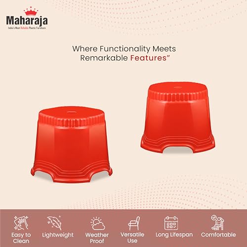 Image of MAHARAJA Neo Plastic Sitting Stool for Indoor Or Outdoor | Kitchen & Living Room (Red, Pack of 2 (10 inch))