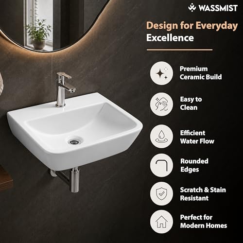 Image of WASSMIST Wash Basin | Wall Hung Wash Basin for Bathroom with 10 Year Glaze Warranty | Premium Ceramic Semi Oval Basin with Tap Hole (15.9 X 11.6 X 5 Inch)