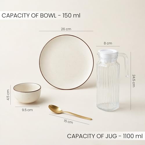 Image of The Earth Store Creme Ceramic Dinner Set, 25 Pieces for 6 with Dinner Plates, Veg Bowls, Spoons & Jug | Microwave & Dishwasher Safe | Bone-Ash Free Dinner Set for Dining Table & Gifting