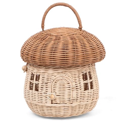 GON Design Pilzkorb aus Rattan Handgeflochtener Mushroom Basket für Kinder | Aufbewahrungskorb mit Deckel | Kleiner Pilzkorb als Deko & Spielkorb Natur Boho Stil