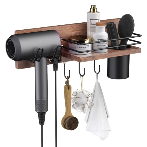 RoleDes Wooden Hair Dryer Holder Wall Mounted, Bathroom Hair Tool Organizer, Blow Dryer Holder...