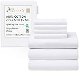 RUVANTI 7 Pcs Cotton Sheets - 100% Natural Cotton Soft, Lightweight & Breathable Crispy Percale Bed Sheets, Split King Sheets for Adjustable Bed 16" Deep Pockets, Bright White