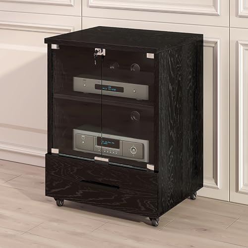 Vitrina expositora con Puerta de Cristal，Doble Capa Mueble Equipo HiFi，con cajón de Almacenamiento，Partición Ajustable，Mueble Tocadiscos，con Ruedas universales，Adecuado para hogar, Oficina, Bar(Nero)