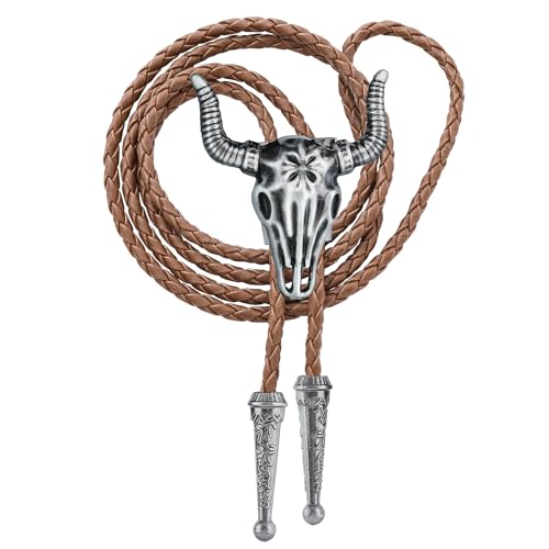 Image of GelConnie Longhorn Bull Bolo Tie for Men Native American Western Cowboy Leather Necktie Bolo Necklace for Women Gold Texas