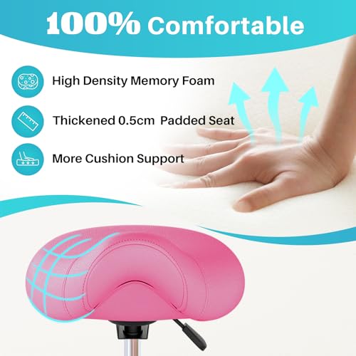 Image of YEEZEE Saddle Stool Ergonomic- Comfortable Rolling Saddle Stool with Wide Thick Saddle Seat Padding, Swivel Adjustable Saddle Chair with Wheels and Ring Pedal for Medical Massage Salon (Pink)