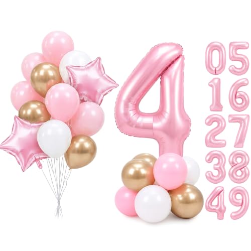 Image of PartyWoo Baby Pink Number 4 Balloon 40 Inch 25pcs Pink Foil Star White Gold