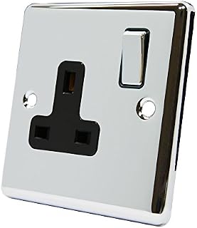 AET CPC1GSOCBC Polished Chrome Classical 1 Gang Black Insert Metal Rocker Switch-13 Amp Single Plug Socket