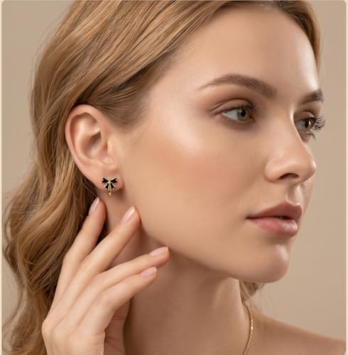 Image of Reffeer Solid 925 Sterling Silver Bow Hoop Earrings Huggie for Women Teen Girls Black CZ Bowknot Hoop Earrings Ribbon Cartilage Huggie