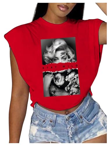 WDIRARA Womens Graphic Print Cap Sleeve Crop Top Crewneck Short Sleeve Tee Y2k T Shirt Red Large