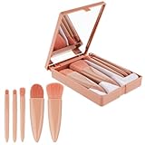 Travel Size Makeup Brushes Set with Hard Case and Built-in Mirror, 5 Pcs Mini Complete Function Cosmetic Brushes（pink）