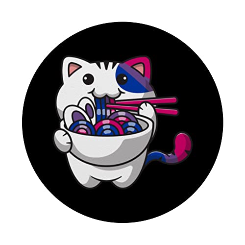 Bisexual Pride Bi Kawaii Cat Ramen Noodles Bisexual Flag PopSockets Swappable PopGrip, Black - Image 3