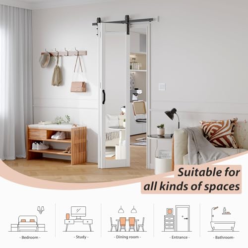 Image of FREDBECK Bifold Barn Door 36x84 (Double 18x84) with 1 Lites Mirror,Bi-fold Closet Doors Hardware Kit Included,40 inch Track for 2 Doors, PVC, White,for Living Room, Bathrooms, Kicthen