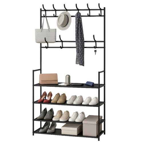 Sapateira Organizador com Cabideiro de Chão e 4 Prateleiras Arara Multiuso Vertical para Roupas, Bolsas e Sapatos (Preto)