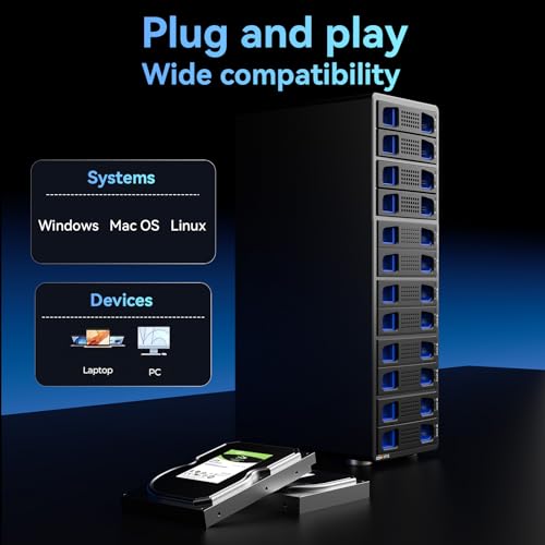 Image of CENMATE Aluminum 12 Bay Hard Drive Enclosure with Cooling Fan for 2.5 inch /3.5 inch SATA HDD /SSD with USB A /C 3.0, Support Hot Swappable, Tool-Free HDD Enclosure, DAS(NO RAID /NAS)