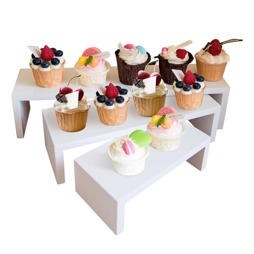 HPC DECOR 3PCS Wood Display Riser Stands- 8'' 12'' & 16'' Decorative Wooden Tabletop Tiered Display Risers for Cupcake Dessert- Modern Farmhouse Nesting Display Risers for Home, Restaurant & Party