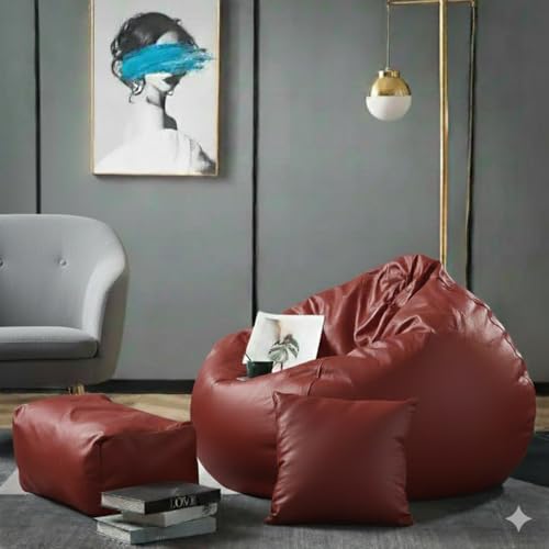 Image of Luxury 5XL Jumbo Bean Bag with Footrest & Cushion | Premium Leatherette | High-Density Beans Filled | Heavy Duty Double Stitch | 6 Months Warranty Color- (Navy Blue) (Maroon)