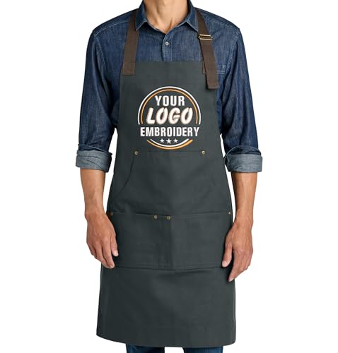 TEEAMORE Custom Workwear Apron with Pockets Logo Text Embroidered for Women Men Chef Kitchen Cotton Adjustable Straps Charcoal