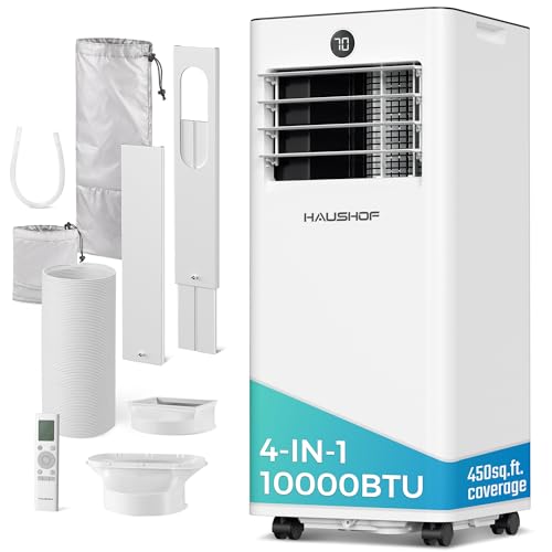 Image of HAUSHOF 10000 BTU Portable Air Conditioner, White | 6000 BTU SACC AC, Fan, Dry & Sleep Mode, For Room up to 450 sq.ft, Remote Control, Window Kit & Exhaust Hose Sleeve Included