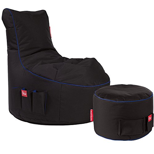 GAMEWAREZ Arctic Blizzard 2.0 Gaming Sitzsack Set, Made in Germany, für PS4, XBOX360, XboxOne, Nintendo DS, Nintendo Switch, Smartphone. Schwarz mit blauem Keder, Tasche und Kopfhörerhalterung