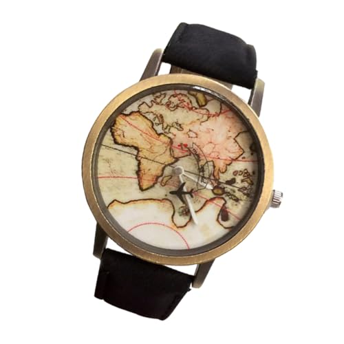 HEMOTON Fashion Canvas Wrist Watch for Men and Women Bronze Case with Rotating Airplane Second Hand and World Map Dial Black Denim Canvas Strap Unisex Stylish Accessory