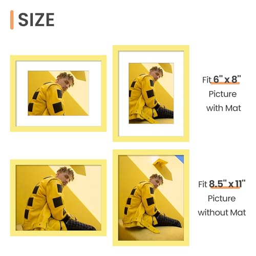 Image of upsimples 8.5 By 11 Picture Frame, Display Pictures 6x8 with Mat or 8.5 x 11 Without, Wall Hanging Photo Frames, Yellow, 1 Pack