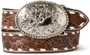 ARIAT Boys' Belt - Genuine Leather, Floral Hand Tooled, White Buc...