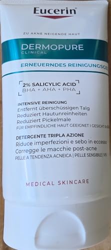 Eucerin DermoPure Clinical - Limpiador facial de triple acción, 150 ml, limpiador facial contra manchas, imperfecciones y brillo con 2% de ácido salicílico para pieles grasas y propensas al acné