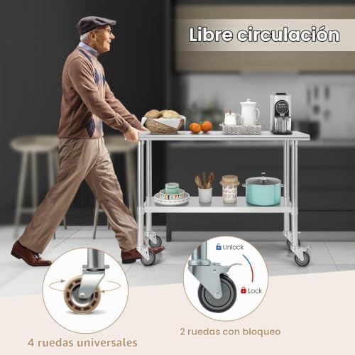 Miniatura 4 de Komfotteu Mesa De Trabajo Con Ruedas Para Cocina, Carro De Servicio De Acero Inoxidable, Carrito De 2 Estantes Con Carga De 250 Kg, Mesa De Preparación De Comida Para Restaurante 122 X 61 X 90 Cm