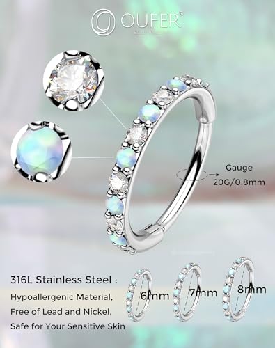 OUFER Opal and CZ 20G Nose Rings Hoops, 316L Surgical Steel Hinged Segment Nose Piercing Jewelry, Septum Lip Eyebrow Rings Cartilage Conch Rook Helix Tragus Daith Earrings For Women and Men-6/7/8MM4