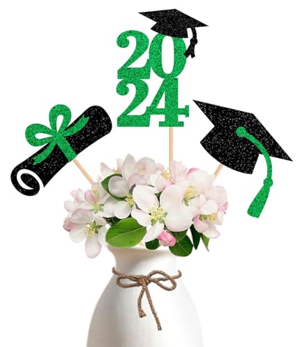 ALISSAR 15-Pack Double Sided Glitter Graduation Centerpiece Sticks - Green Table Toppers for 2024 Graduation Party Decoration (2024 Double Sided Card Stock)