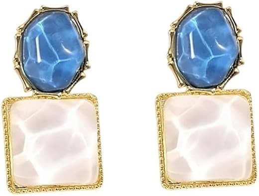 Stud Earrings for Women | Blue &amp; White Square Design | Korean Style Marble Effect Earrings | Fashion Jewelry for Daily &amp; P...