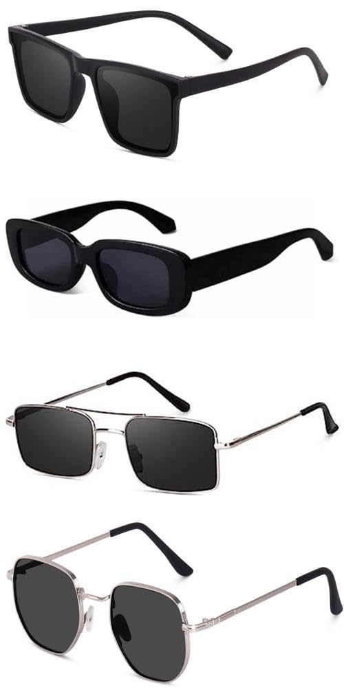 Unisex Set Of 4 MC Stan Goggles Rectangle Non-Polarized Sun Glasses MC Stan Shades Retro Vintage Narrow Women::White Black Glasses White Google For Women Offer Pack Of 4 Goggles For Men