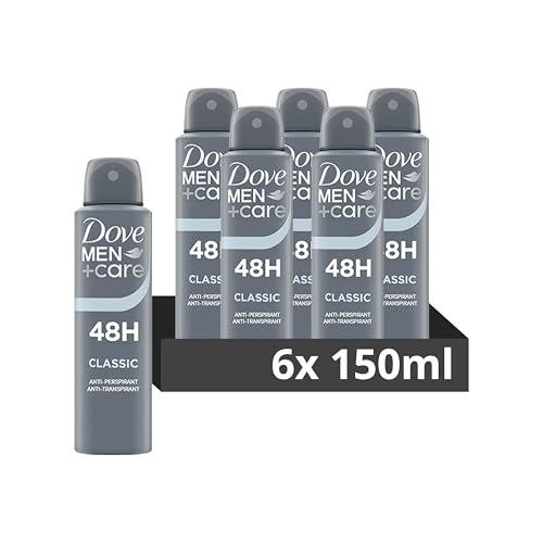 Dove Men+Care Classic with ¼ moisturising cream Men's Antiperspirant Deodorant Body Spray for 48 hour protection against sweat and odour 150 ml, Pack of 6