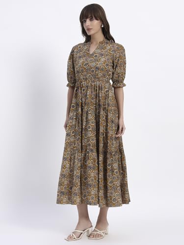 Image of Women's Fit and Flare Dress I Pure Cotton Long Summer Maxi Dress I V-Neck I Casual Wear I Printed Kalamkari Floral Middi