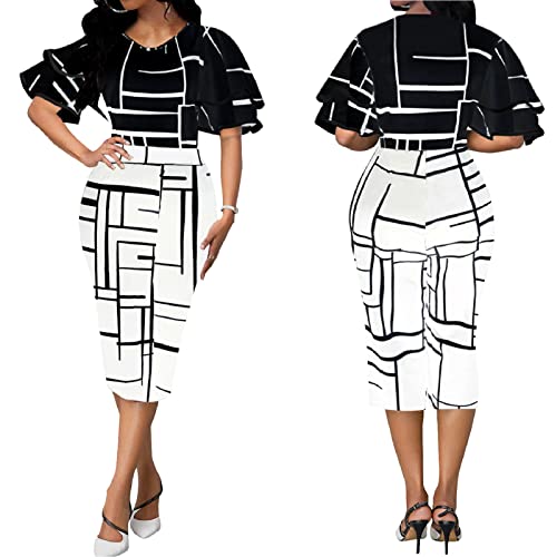Xinlees Elegant Bodycon Dress For Women Contrasting Colors Print Short Ruffles Sleeve Sexy Crew Neck Business Suiting Casual African Outfits(Top Black,M) #TOP2