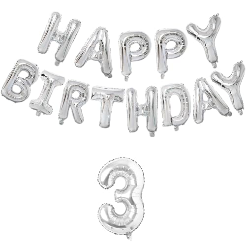 Image of Flyloons 3rd Silver Colour Happy Birthday Foil Balloon Set For 3 Year Old Boys Girls Baby | With Number Three | 13 Letters Reusable Happy Birthday Metallic Foil Balloons Decoration Kit, 14 Pcs