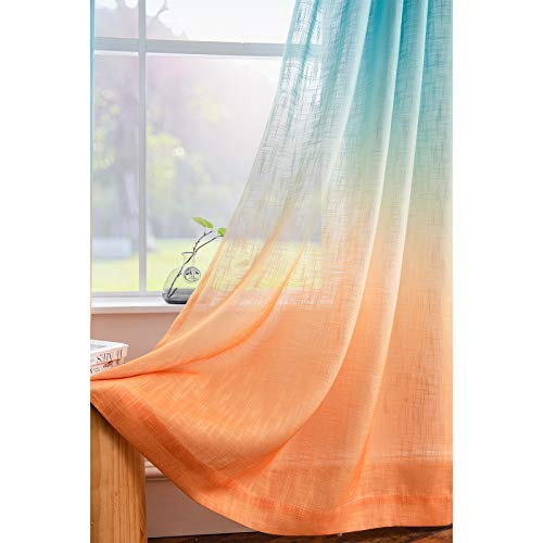 Melodieux Linen Textured Ombre Semi Sheer Curtains 84 Inches Long For Bedroom Living Room Sunset Rod Pocket Gradient Drapes, Orange Green Teal Turquoise Mint, 52 X 84 Inch (2 Panels) #TOP2