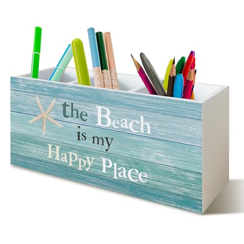 YTRGI Beach Pen Holder for Home Office Kitchen Desk Decor, the Beach Is My Happy Place Wooden Pencil Holder Sign Organizer for Home Office Desk Accessories, Coastal Gifts for Women Men