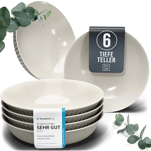 Steingut Suppenteller 6 Personen Hygge TESTSIEGER, Traumhaftes Skandinavisches Steingut Tiefe Teller Set, Pasta Teller Tief Groß - Pure Living in Hellbraun