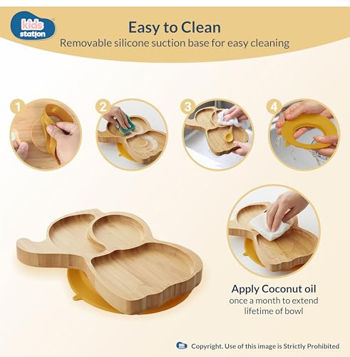 Image of Kids Station Elephant Wooden Feeding Plate with Spoon and Fork for Babies - Yellow | Eco-Friendly Self-Feeding Baby Tableware Set (3 pcs)