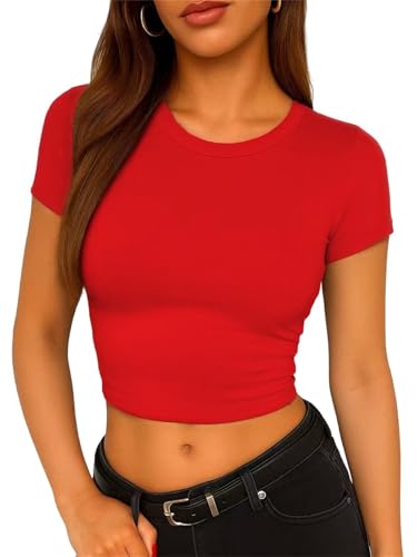 ForeFair Womens Casual Going Out Crop Tops Crew Neck Slim Fit Short Sleeve Basic Tight T Shirts(M Red)