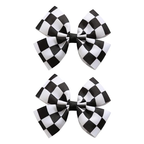 2PC Racing Checkered Flag Hair Bow Clips 4 Inch Girls Women Black and White Racing Fan Pigtail Hair Accessories